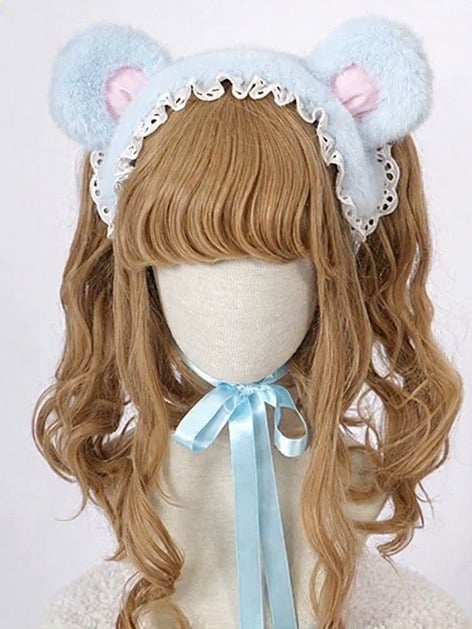 Lolita Hairband with Plush Bear Ears in Blue and Yellow, Lace Detail - Vcastle