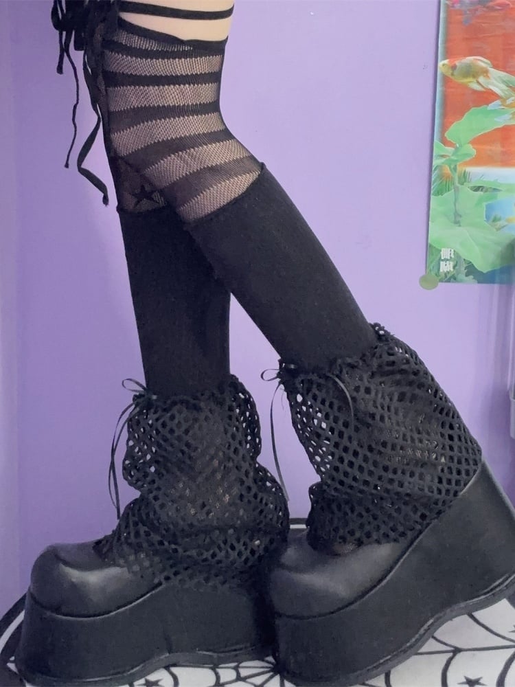 Hohl-out Stulpen Y2K Details Design Schwarz/Weiß Bowknot Bein