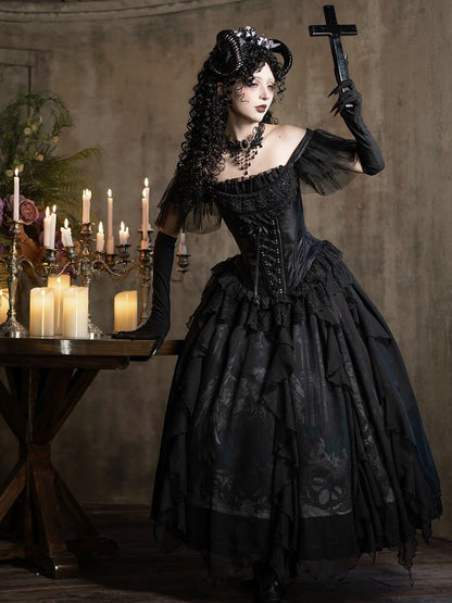 / Print Gothic with Lolita Trims Winged White Black Skirt Goat Cascading Ruffle