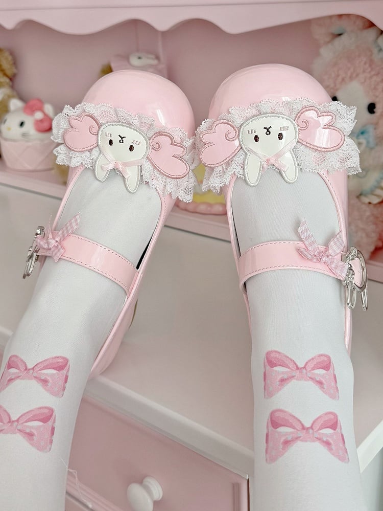 Mary Winged Low-heel/Mid-heel with Lace Patch - Bunny Lolita Buckle Rabbit Trim Pink Janes Sweet