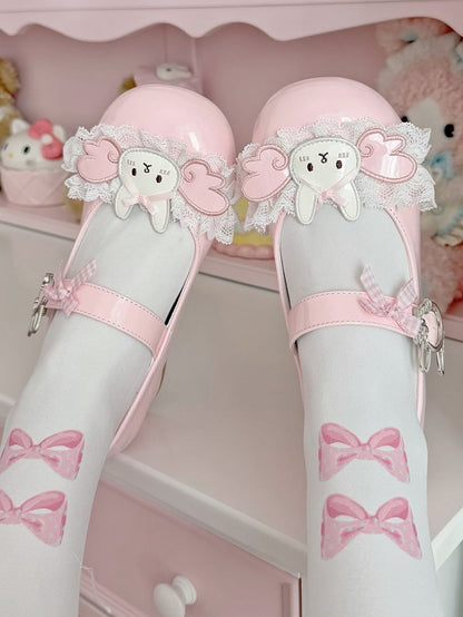 Mary Winged Low-heel/Mid-heel with Lace Patch - Bunny Lolita Buckle Rabbit Trim Pink Janes Sweet