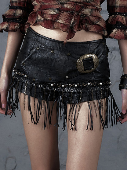 Punk Shorts Decorated Hem Beaded Black Wasteland Tassel