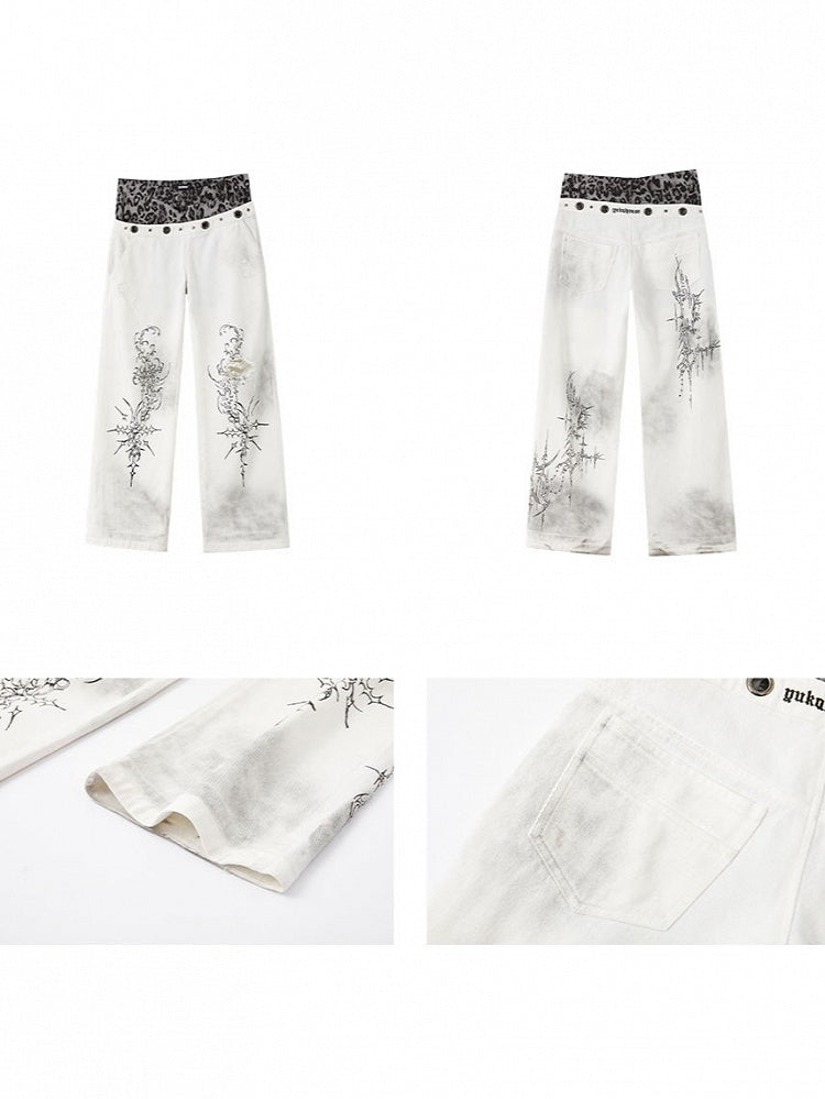 White Leopard Punk Jeans Print with Waistband Vintage Distressed Botanical