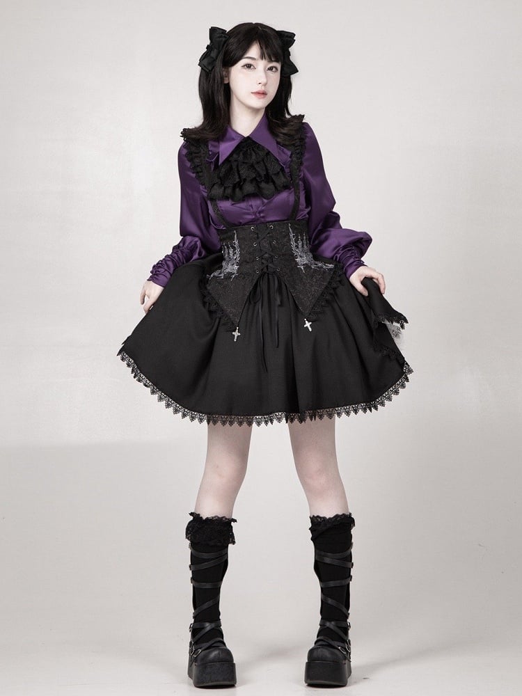 Foldover Shirt Ruffles Sleeves Pointed Lolita Long Purple Cascading Collar Gothic