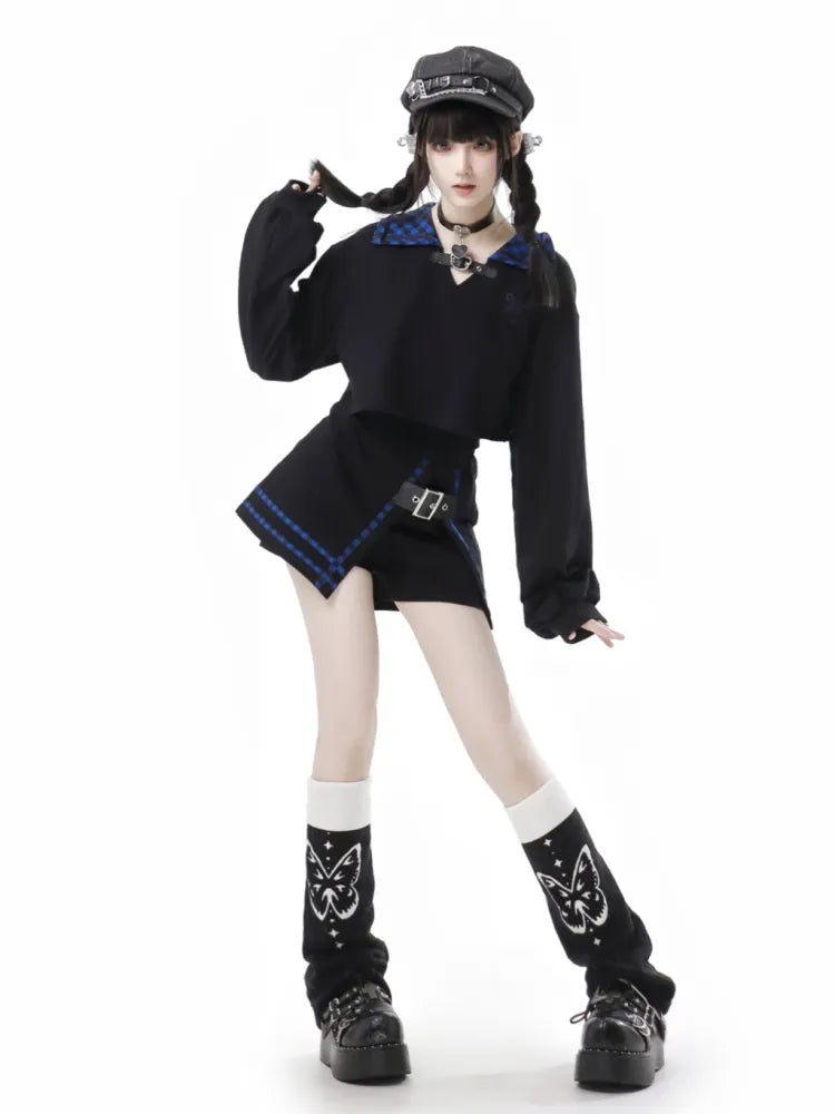 Skort Black Dark with and Buckle PU Plaid Blue