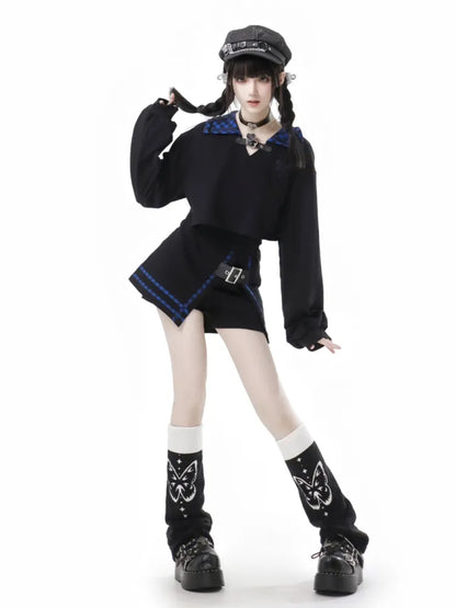 Skort Black Dark with and Buckle PU Plaid Blue