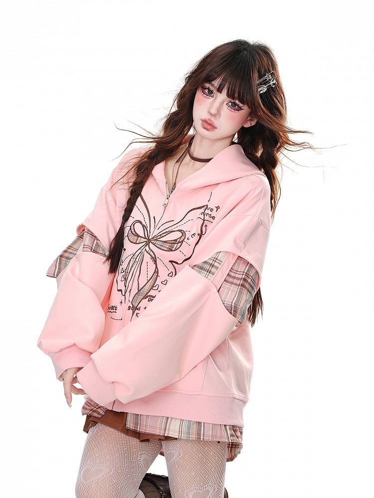 Rosa karierter Patches Schmetterling Reißverschluss Lockerer Hoodie
