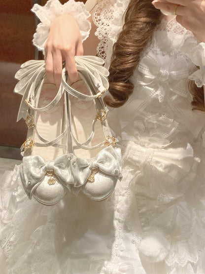 Sparkling Satin Silver 8.5cm High Heels with Crown Buckle and Bowknot - Aimee