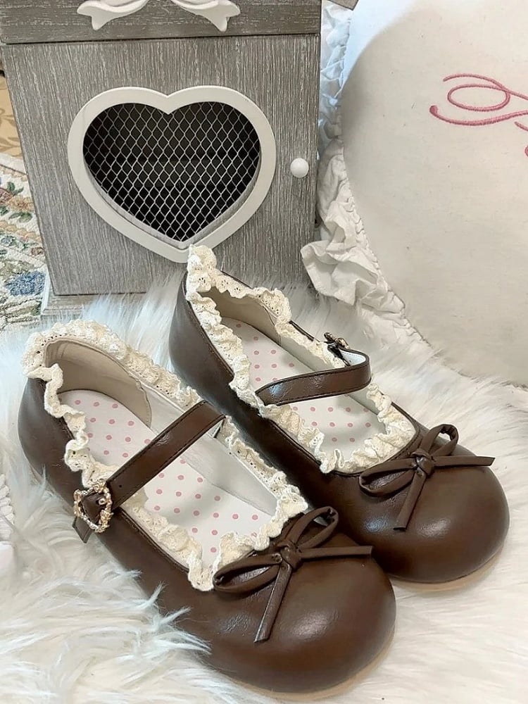 Sweet Janes Low-heel Mary Dark Closure Heart with Lace Lolita Trim Snap Brown