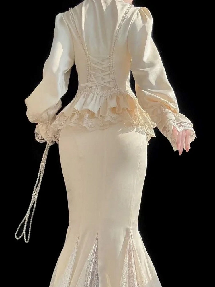 Trim Long Sleeves Ruffled Apricot Lace Classic Elegant with Lolita Blouse