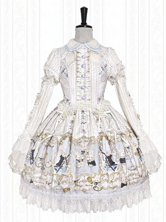 Rabbit Print OP with Detachable Striped Sleeves - Stars Fall on the Foggy Island