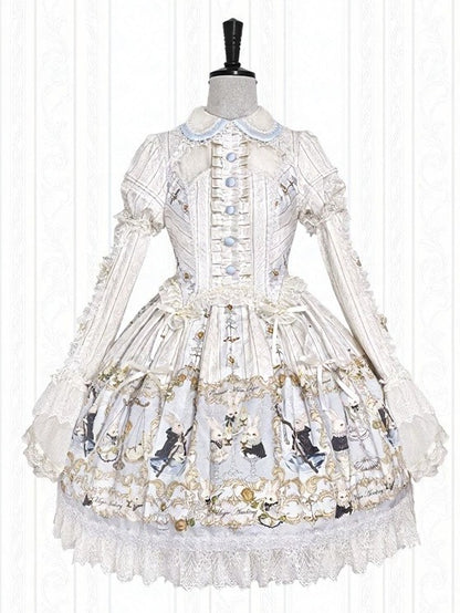 Rabbit Print OP with Detachable Striped Sleeves - Stars Fall on the Foggy Island