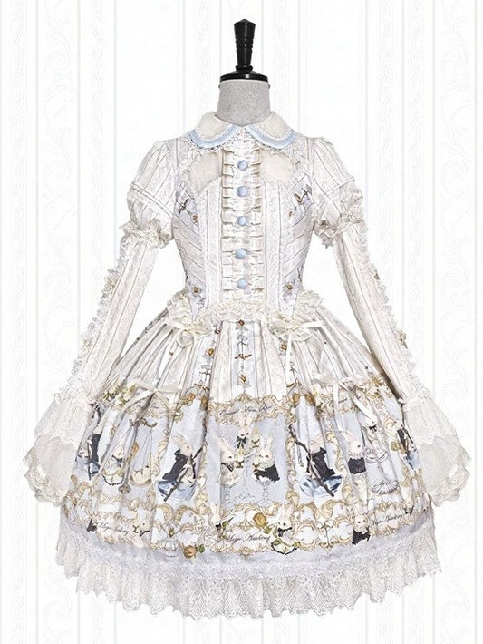 Rabbit Print OP with Detachable Striped Sleeves - Stars Fall on the Foggy Island