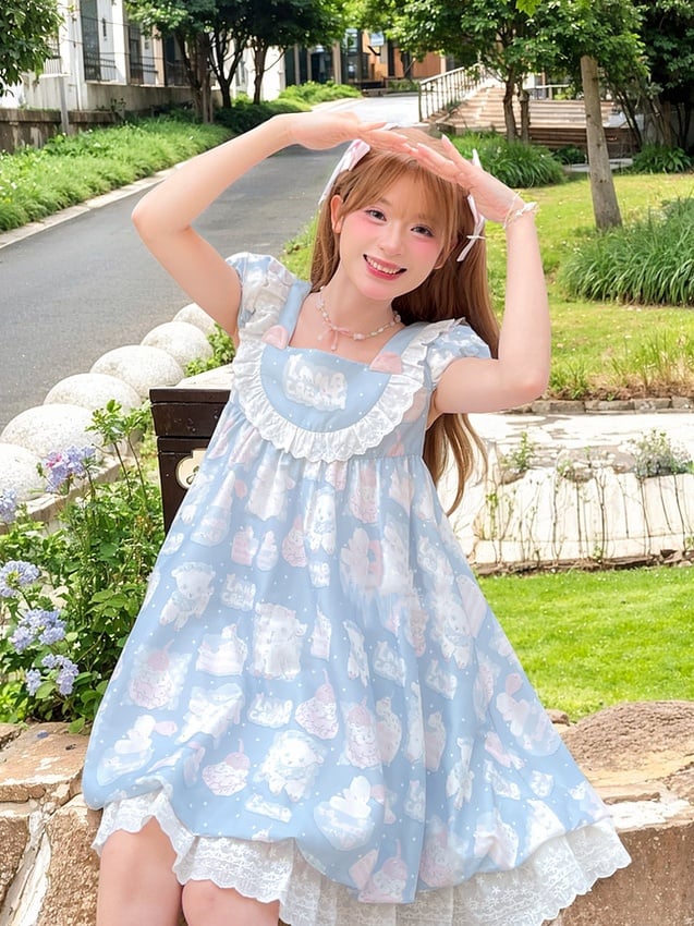 Entzückendes süßes Lolita-Kleid mit Lamm-Print, blau, quadratischer Ausschnitt, Puffärmel