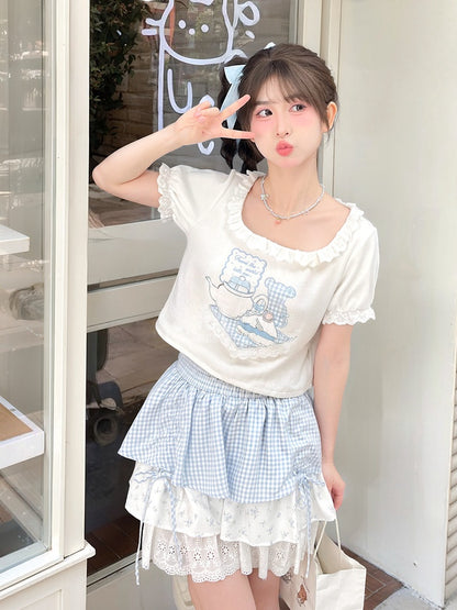 Bear Pattern Square Neck Puff Sleeves White T-Shirt Lace Trim Ruffled Plaid