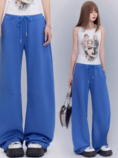 Blaue, lockere Jogginghose mit geradem Bein und Kordelzug in der Taille