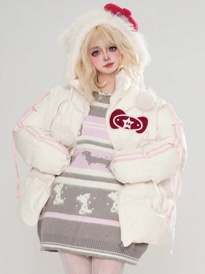 ピンクとグレーのかわいいダックスフントと骨のラウンドネックストライプセーター