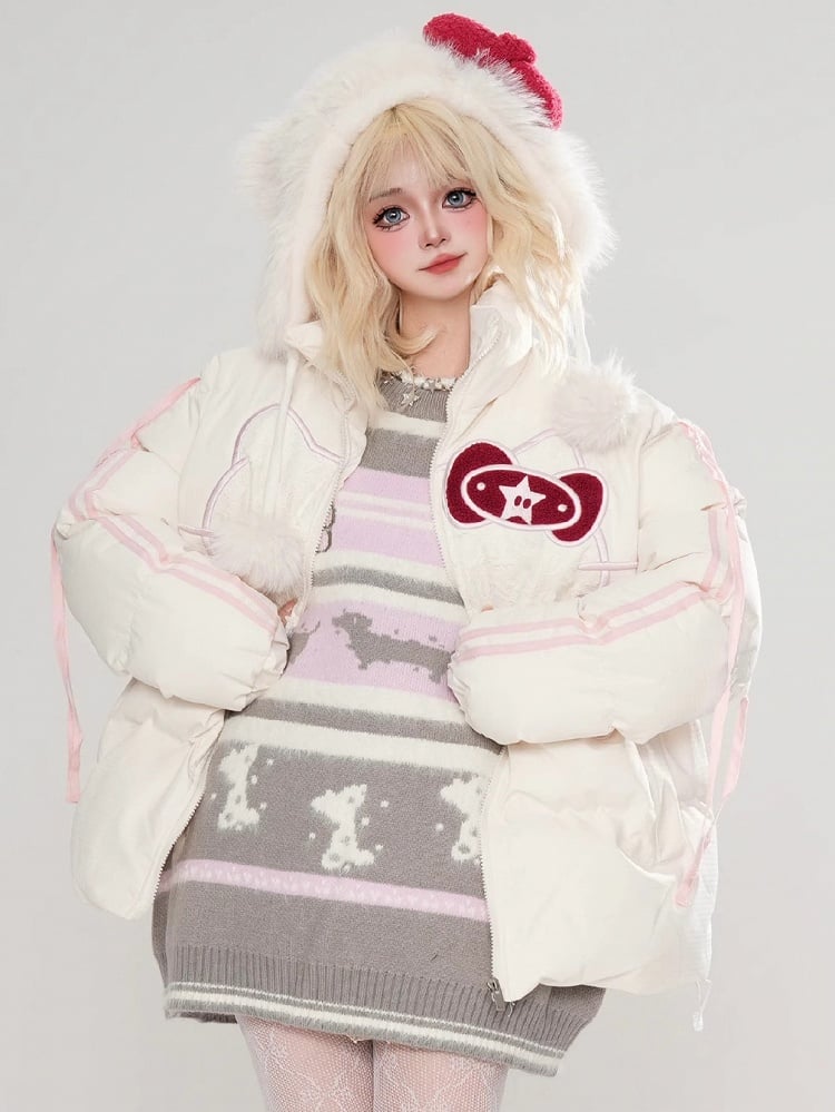 Black/White Kitty Lace Applique Puffer Jacket Bowknot Details