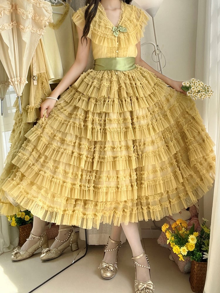 Belt Tulle Yellow Mesh Waist Set - Elegant Skirt + Lolita Vest Cotton Dotted Multi-layered Classic