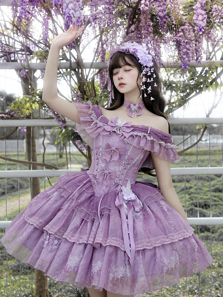Fairy Lolita Taillenschleppe Balletcore Kleid Großes Korsett Glyzinien Tüllschleife mit Print Lila