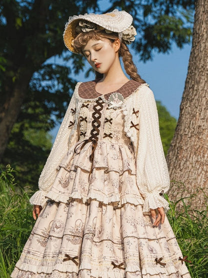 Beige Ruffled Cuffs Crochet Lace Lolita Cardigan with Bow Details