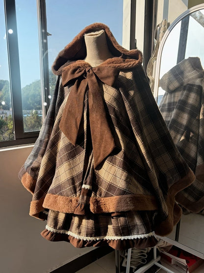 Self-tie Plaid Brown Hooded Reindeer Neckline Bow Big Cape Coat Pattern Christmas