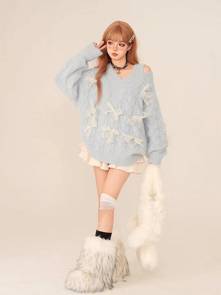 Blue V-Neck Sweater with Cutout White Bow Accents Shoulder