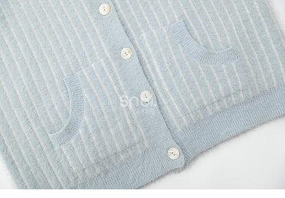 Cute Little Bear Plushie Adorned  Blue Striped Loose Cardigan