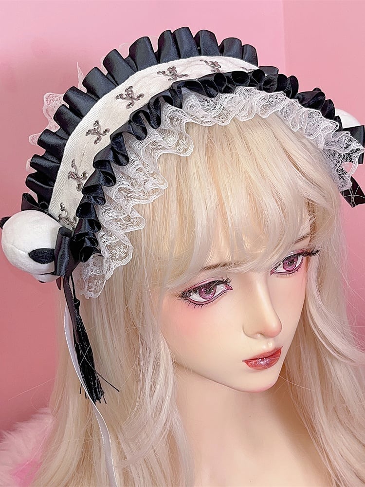 Bowknot Ruffled Hairband Jirai Panda Decorated with Black/White Lace Details Plush Tassels Trim Kei