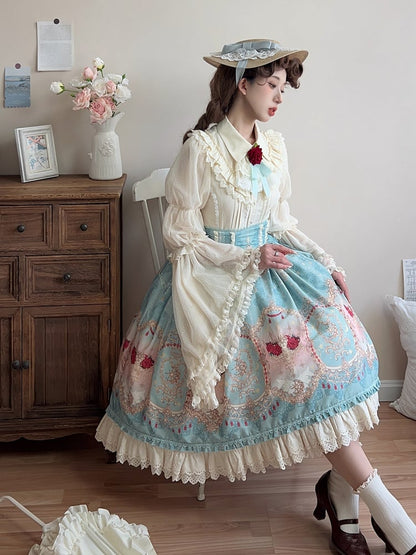 Blue Elegant Corset Belt High Waist Floral and Moon Lolita Skirt