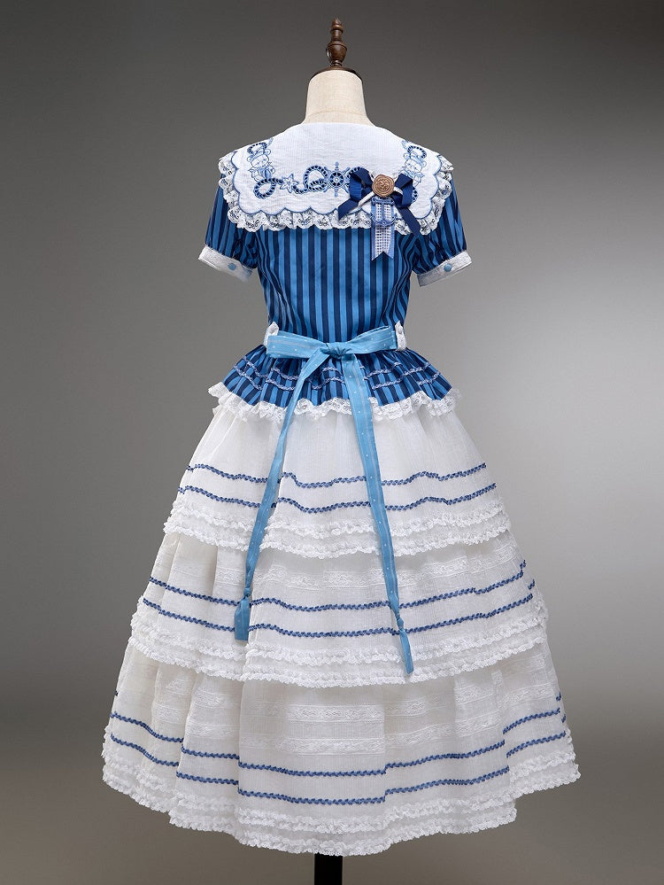 White and Blue Embroidered Sailor Top and Skirt Set - Twin Bear Original Design