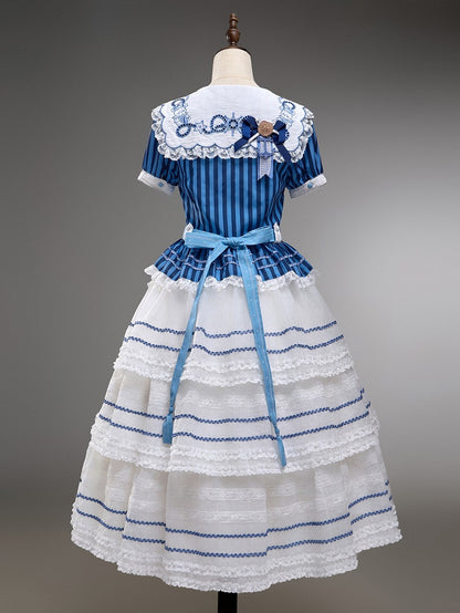 White and Blue Embroidered Sailor Top and Skirt Set - Twin Bear Original Design