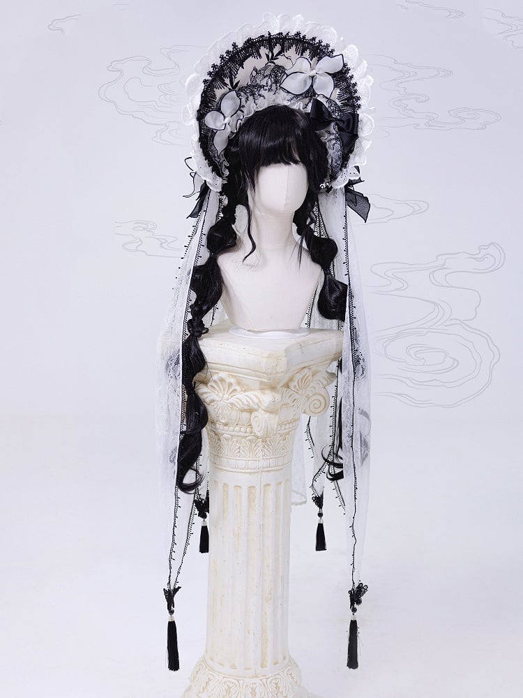 and Veil Bonnet Detachable Black White with