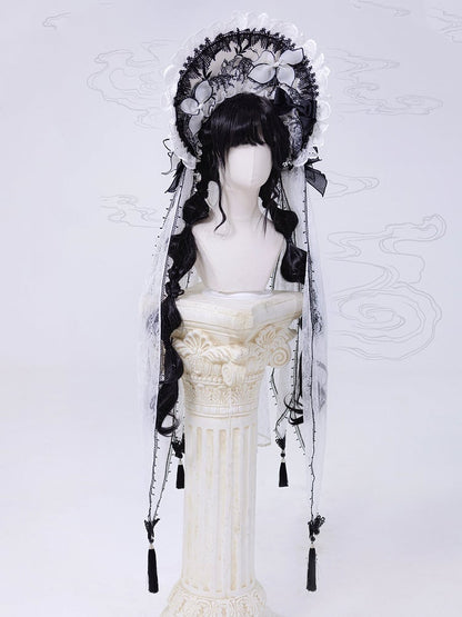 and Veil Bonnet Detachable Black White with