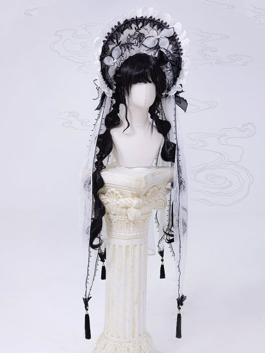 and Veil Bonnet Detachable Black White with