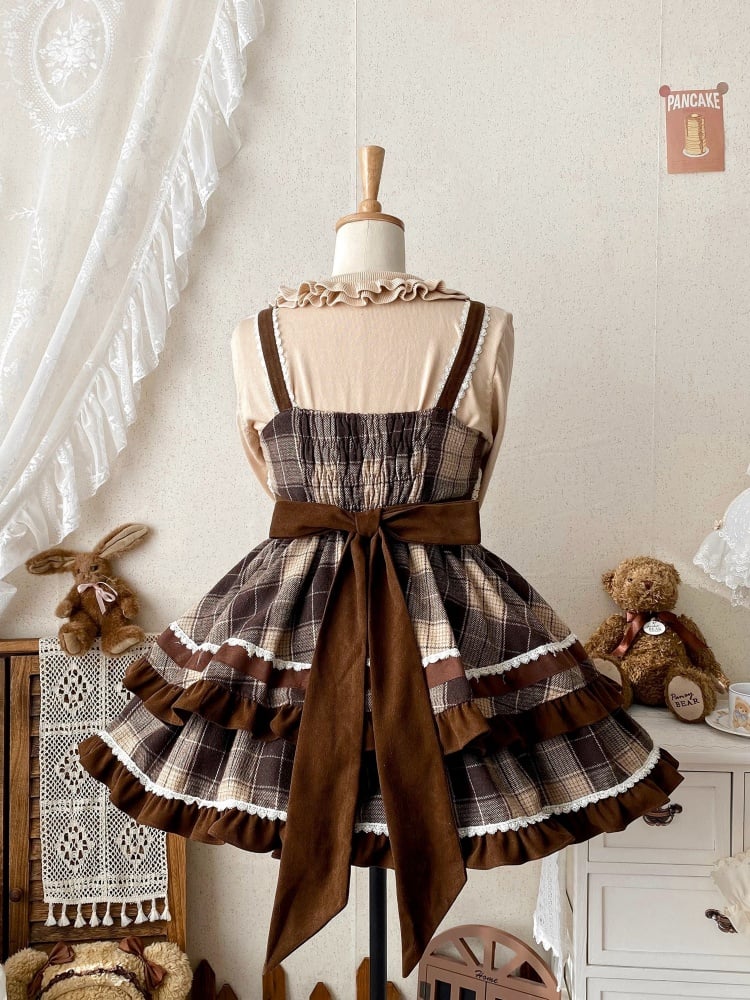 Robe Lolita à carreaux marron, taille haute, jupe pull Lolita automne et hiver