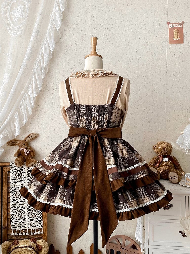 High Pattern Plaid Brown Lolita Waist Winter Dress Skirt and Jumper Autumn