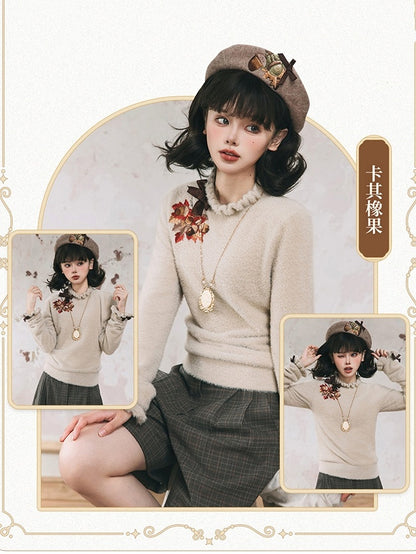 秋のトップス、リボン結びの袖口、ネックライン、リーフ刺繍ニット、メープルカーキ