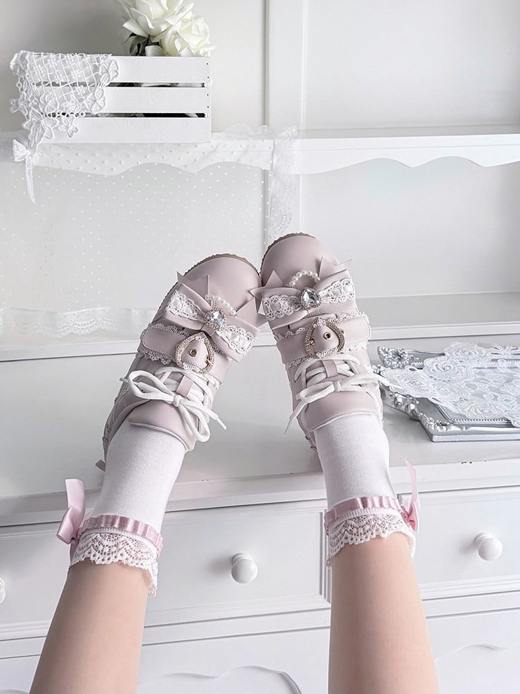 Pink Jirai Kei Style Shoes with Heart Buckle, Bowknot & Crystal Embellishments - Transfer Student