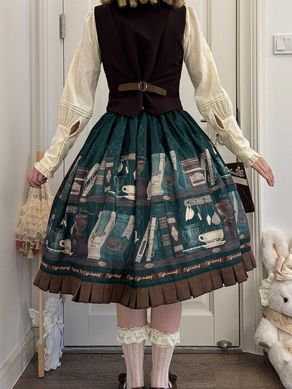 Dark Green Brown Coffee Cup Bookshelf Print Elegant Skirt Ruffled Hem - Dream Whale
