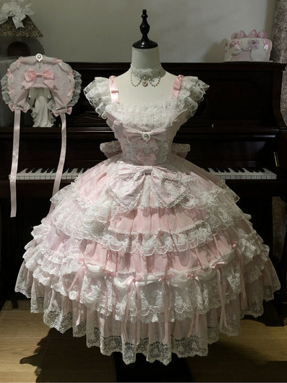 Pink Hanayome Lolita JSK with Bows & Lace Trim - White Sugar Girl