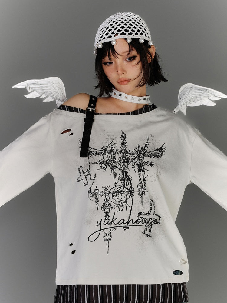 Y2K Apricot Asymmetrical Neckline Buckle Strap Glamorous Graphic Top