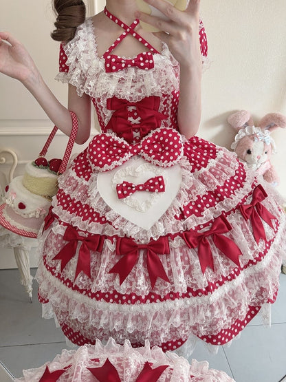 Kleid Muster Alte Rote Punkte Kurze Polka Schule Ärmel Schleife Akzente Lolita