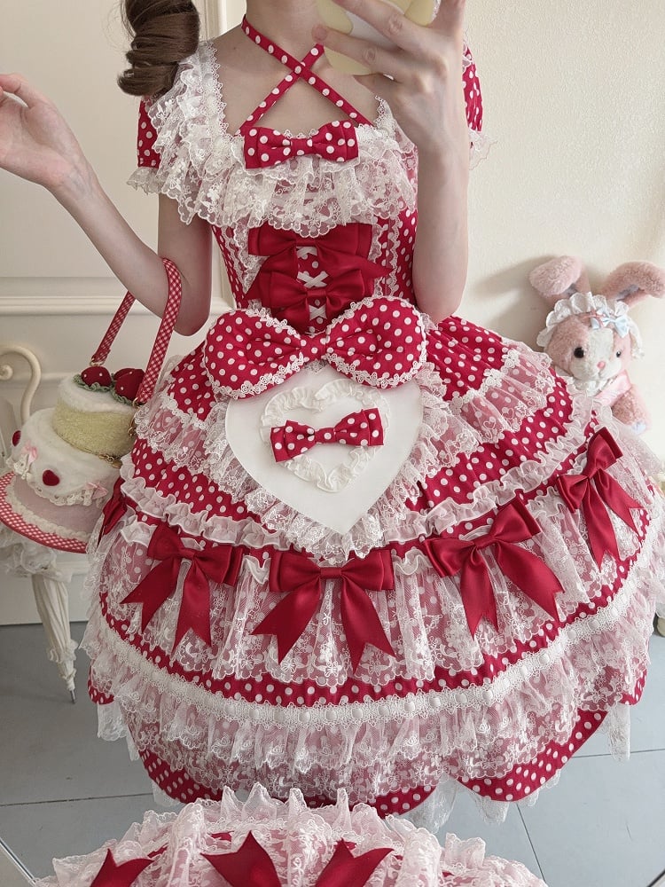 Schule Polka Schleife Ärmel Lolita Kleid Kurz Rot Akzente Punkte Muster Alt