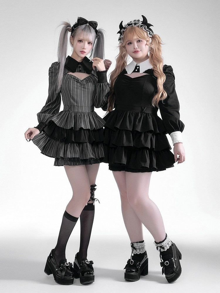 Black Gray Jirai Kei Striped Collared Tiered Ruffle Dress Set - Fluffy Heart