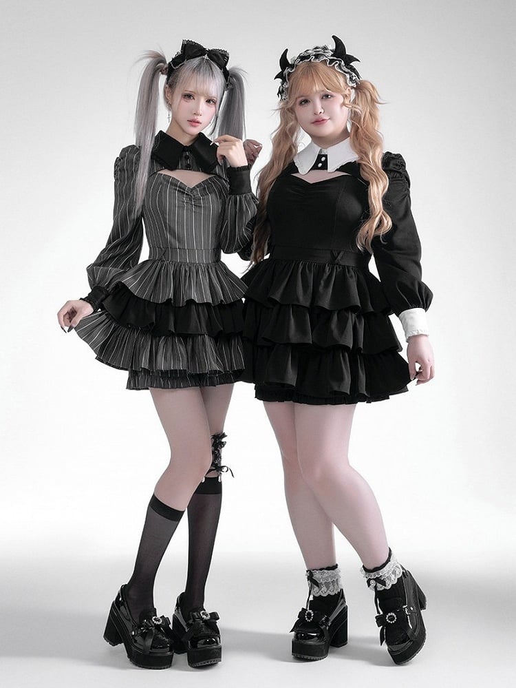 Black White Jirai Kei Collared Tiered Ruffle Dress Shorts Set - Fluffy Heart