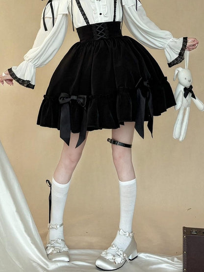 Ebon High-Waist Skirt with Bow Accents in Jirai Style - AMAHAKAWA