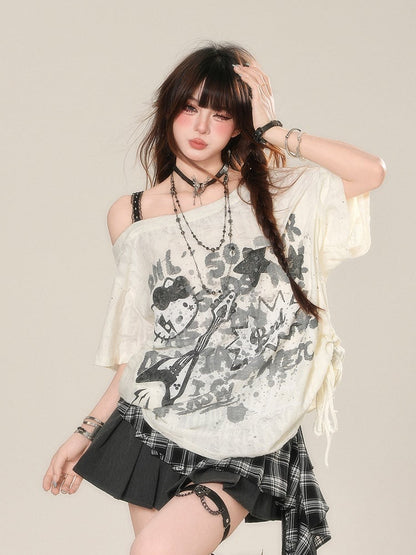 Lace Top Drawstring Graffiti Waist Apricot Print Asymmetrical Neckline