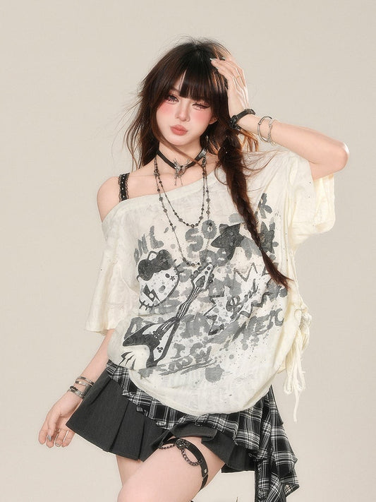 Lace Top Drawstring Graffiti Waist Apricot Print Asymmetrical Neckline