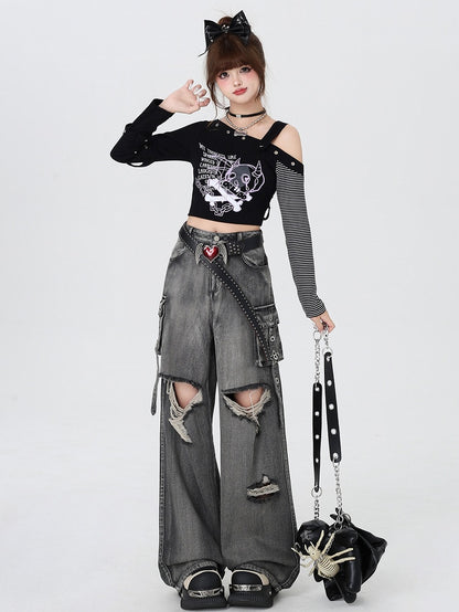 Asymmetrical Devil Print Long-Sleeve Top in Black - CRAZY GIRL